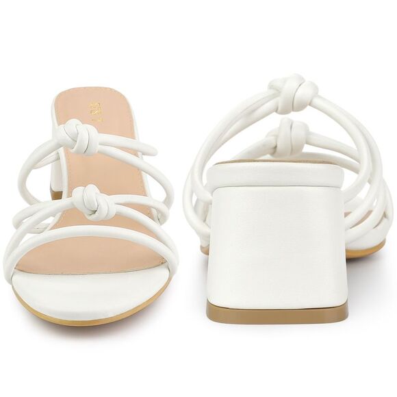 Strappy Heeled Knotted Slingback Block Heel Slide Sandals for Women, White - Picture 2 of 5